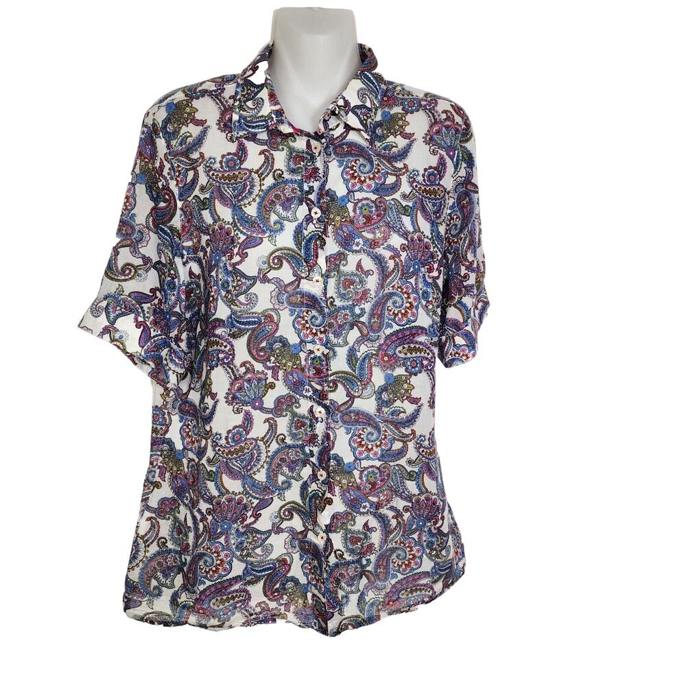 Milano Italy Women Blouse Size 38 Medium Multicolor Paisley Button Up Semi Sheer
